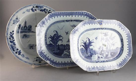 Seven assorted 18th century Chinese Export dishes largest 14in.